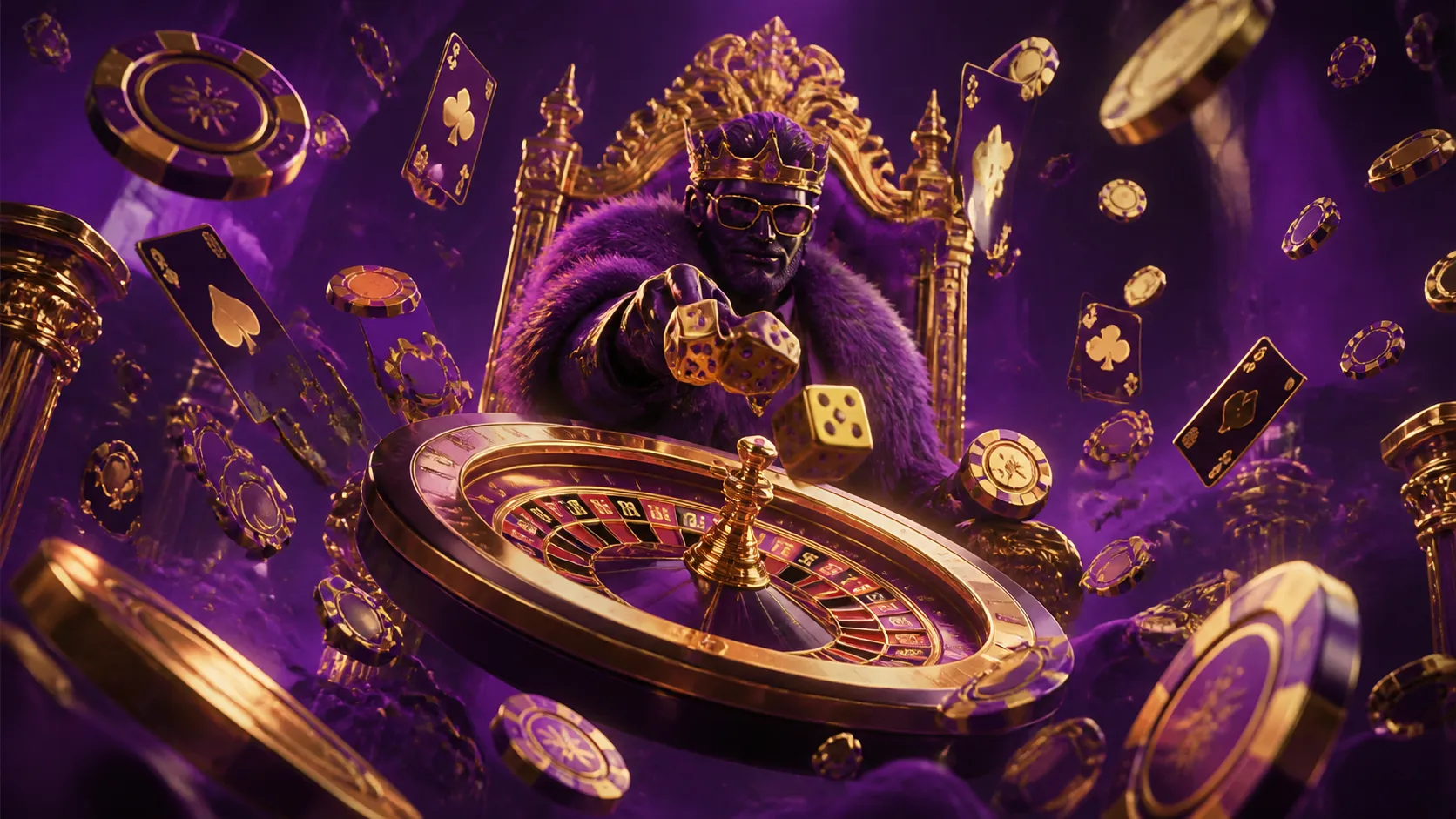 Luxurious roulette wheel with glowing chips and cards floating, capturing Spinboss's theme.