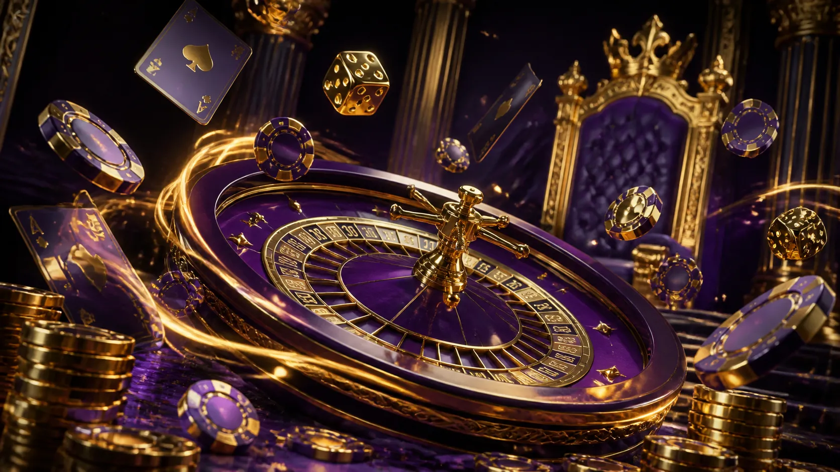 Luxurious casino scene with roulette wheel, poker chips and cards reflecting Spinboss theme